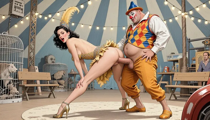 This is a detailed pencil drawing with a bold color palette in a 1950's classical mid-century illustrative style. it depicts a scene in the 1950s of 1woman getting fucked from behind, ((1woman bent over forward, legs wide apart, 1man penetrating her from behind, standing pose, hands on her hips)), . scene is set inside a circus, no visitors, strings of light bulbs, various circus equipment, animal cages, audience benches. 1woman is 25yo italian, voluptuous, dark wavy hair, wears a sparkling showgirl costume, gold, feather headdress, skirt hiked up to the waist, high heels. facial expression ecstatic. 1man is 45yo stout, fat, harlequin costume, clown hat, classic clown makeup, (round red clown nose), pants dropped to the ankles, big throbbing cock, facial expression strained. The overall mood is intense and sexually charged, rendered in fine, expressive line work and subtle shading, evoking the style of 1950s commercial illustrations.