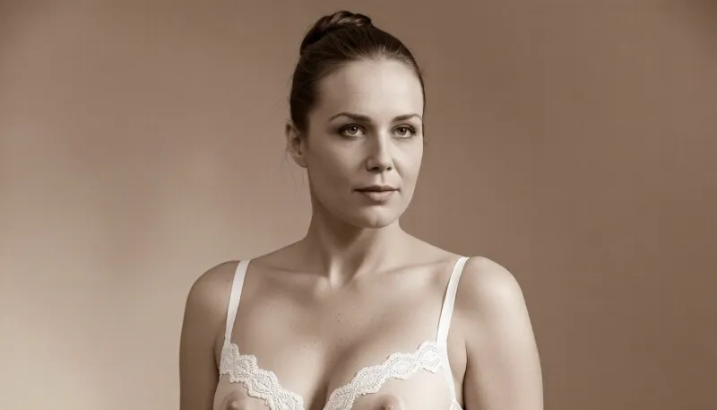 vintage sepia, époque victorienne, full body view, femme 50 ans en lingerie, beaux yeux en amande, chevelure en chignon strict