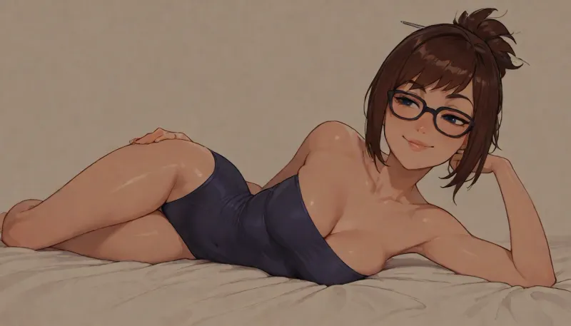 melkor_mancin style, bold black outlines, vibrant flat colors, without shading, clean lines, mature Mei from Overwatch, brunette, adult bangs, blue eyes, glasses, petite body, skinny, medium breasts, intimate pose, laying on her side, (breast falling out), seductive smirk, orange, modern fashion, one-piece tube top, maximum simplicity, clean flat coloring, no complex details, no gradients, no shine, ((white background))