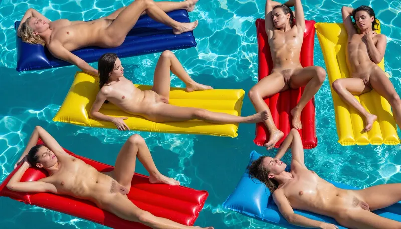 A realistic overhead photograph of six nude women sunbathing on inflatable air mattresses floating on bright turquoise pool water, captured from a steep high angle looking almost straight down. The scene is arranged in a loose scattered cluster across the frame, with each woman lying flat on her own brightly colored float. In the upper left corner a woman with strawberry-blonde hair reclines on a deep royal blue raft, her arms folded behind her head and her legs extended toward the upper edge, eyes closed. Just below and to her right sits a second woman on a vivid yellow raft, dark hair loose, propped slightly on one elbow with her legs angled toward the left, gazing downward. In the lower left corner a woman with slicked-back wet dark hair lies on a crimson red float, one arm tucked behind her head, legs crossed at the ankles. On the right side of the frame, two women occupy the upper portion, one on a red float with her arms raised behind her head and eyes shut, and beside her to the far right another on a yellow float resting with one hand near her head. In the lower right a woman with long dark hair lies on a blue raft, one arm bent up over her head, torso angled toward the bottom edge. All six figures share tanned, oiled-looking skin that catches bright highlights, and the fully consistent detail of reclining nude postures. All six women with perfect shaved vaginas. The water surrounding them is a saturated teal-turquoise with visible surface ripples, small splash droplets, and soft reflections pooling around the floats, keeping the translucent, slightly murky depth of a swimming pool. Strong direct sunlight comes from above and slightly left, casting crisp tight shadows beneath each body onto the vinyl of the mattresses and creating glossy specular highlights on shoulders, hips, and thighs. The color palette is dominated by punchy primary hues, deep blue, bright yellow, and crimson red floats against the emerald-teal water, giving a high-saturation, slightly retro editorial look. Shot with a wide-angle lens at a high vantage point, deep depth of field keeping all six women sharp, with natural daylight and minimal shadow softening. The women are in a cheerful, lighthearted mood. The composition is a loose diagonal scatter rather than a strict grid, filling the frame edge to edge with color and flesh, evoking a glossy summer swimwear or fine-art fashion editorial mood, ultra-detailed, high resolution, vibrant and graphic.