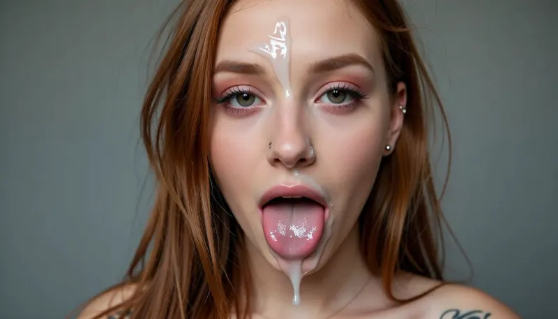 a tall skinny dutch ginger emo girl has her mouth slightly open and completely full of cum, she can barely keep the massive amount of cum inside her mouth, cum on forehead and nose, cum in eyes, she is incredibly beautiful, she has a very cute narrow face, emo makeup and piercings, full body picture, Canon EOS 5D Mark II, kodak, photo, tattoo, pale, cold, lighting