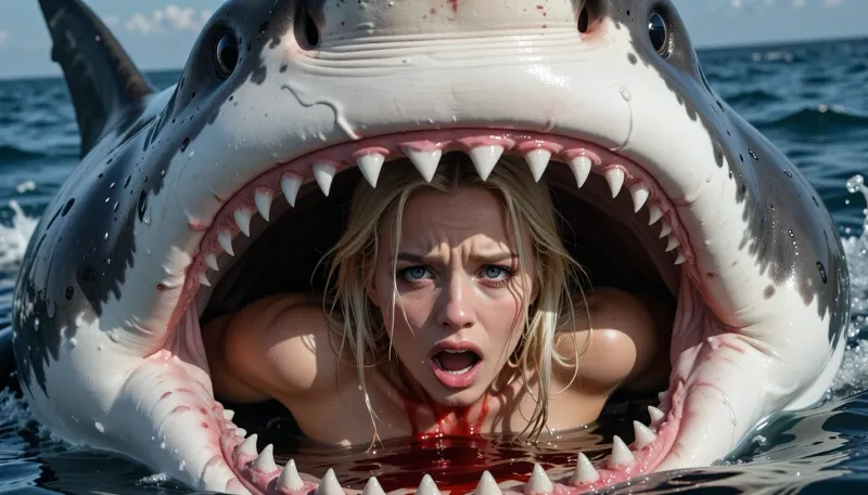 An extremely beautiful, naked blonde woman, her face and outstretched arms are visible inside the open jaws of a shark—she is pleading for help. The scene takes place at sea, featuring a massive, man-eating great white shark. The woman is terrified, with sheer horror and fear in her eyes. The frame captures her face in striking, vivid detail, alongside the enormous, open-jawed shark. There is blood inside the shark's maw and in the surrounding water, the shark’s teeth are visible, as are its large, dark, sinister eyes. The woman’s face is rendered with perfect, intricate detail—her eyes are wide open, reflecting a desperate struggle for survival.