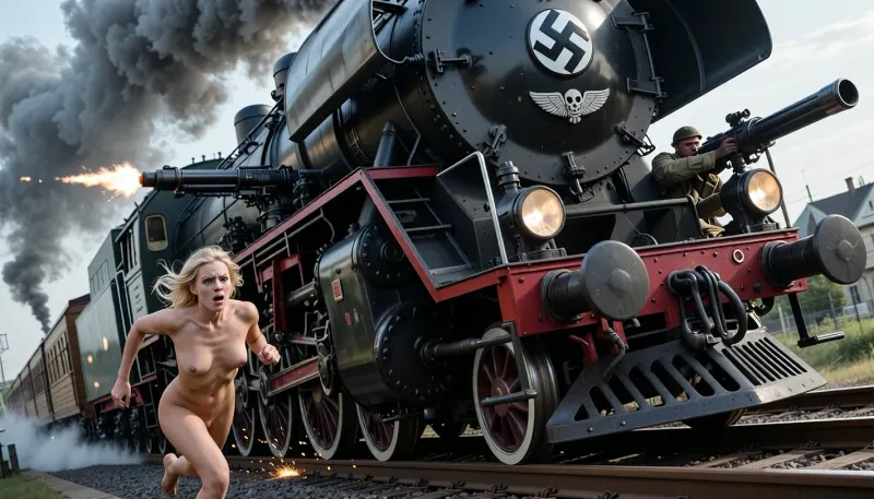 An extremely beautiful, naked blonde woman with a very sexy body is fleeing in terror along railway tracks, pursued by a speeding locomotive. Her eyes are filled with fear and dread. The frame captures a massive, high-speed steam locomotive racing along gleaming steel tracks, trailing black smoke, with sparks flying from its large steel wheels. On the front of the locomotive, the emblem of the German SS—a white skull and crossbones beneath an eagle—is visible. Large machine guns are mounted on the sides, and a soldier is firing one at the fleeing woman. The scene conveys immense speed, with the woman running for her life along the tracks. The woman’s face, eyes, body, arms, and legs are rendered with perfect, intricate detail.
