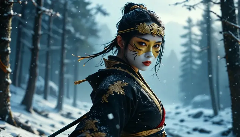 [KTA], (Dark Fantasy Artwork), artistic, low angle, 40 yo, belle beautiful female masked Kunoichi ninja wearing eyeliner and gold jewelry, set on ta dark snowy landscape, beautiful intricate details, fluid movement, stunning shading, aerial shot, dynamic lighting, natural beauty, /KlTTY-ART/, <lora:COMFYUI_mimic_landscape_-_XL_SDXL v2.0:.1>, <lora:MJ52:.1>