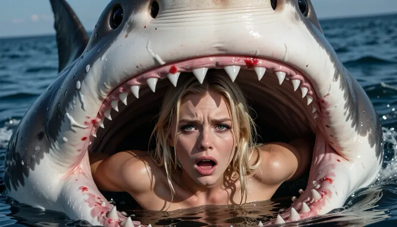 An extremely beautiful, naked blonde woman, her face and outstretched arms are visible inside the open jaws of a shark—she is pleading for help. The scene takes place at sea, featuring a massive, man-eating great white shark. The woman is terrified, with sheer horror and fear in her eyes. The frame captures her face in striking, vivid detail, alongside the enormous, open-jawed shark. There is blood inside the shark's maw and in the surrounding water, the shark’s teeth are visible, as are its large, dark, sinister eyes. The woman’s face is rendered with perfect, intricate detail—her eyes are wide open, reflecting a desperate struggle for survival.