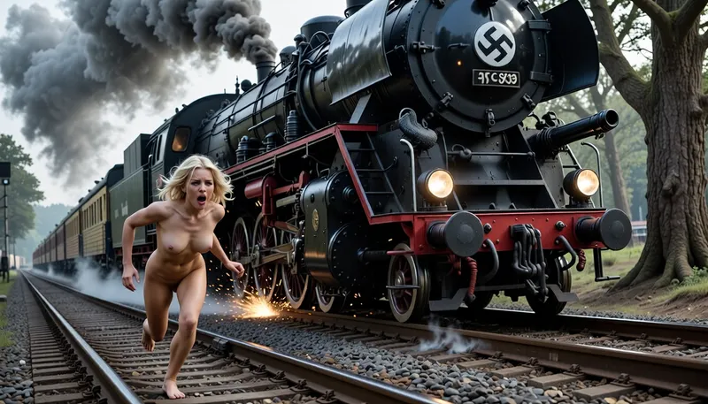 An extremely beautiful, naked blonde woman with a very sexy body is fleeing in terror along railway tracks, pursued by a speeding locomotive. Her eyes are filled with fear and dread. The frame captures a massive, high-speed steam locomotive racing along gleaming steel tracks, black smoke billows, and sparks fly from beneath its large steel wheels. On the front of the locomotive, the emblem of the German SS—a white skull and crossbones—is visible, along with an eagle, while large machine guns are mounted on the sides. The railway tracks glisten. The woman’s face is rendered in extreme, sharp detail. The scene is set against a backdrop of a forest with large, old trees, conveying a sense of immense speed. The woman is positioned in the foreground, running and escaping along the tracks. Every aspect of her—her face, eyes, body, arms, and legs—is depicted with perfect, intricate detail.