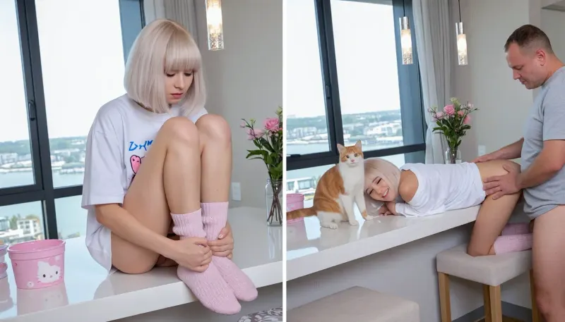 Photorealistic diptych, two side-by-side candid smartphone photos of the same young pretty girl with a short platinum-blonde bob, babe, straight bangs and soft curled ends, sitting on a glossy white kitchen island in a bright modern high-rise apartment. She wears an oversized white graphic T-shirt, pale pink knitted leg warmers and matching pink socks.

In the left panel, she sits with her knees drawn close to her chest, grieves, holding her lower legs with both hands and looking down thoughtfully.

In the right panel, kneeling on the soft stools, she lies forward on her stomach across the countertop, propped up on her forearms, happy smiling at a fluffy ginger-and-white cat standing in front of her, old fat man standing behind her holding pressing against on her ass.

Floor-to-ceiling windows with dark gray frames reveal a distant waterfront cityscape. Soft daylight streams through the windows, creating gentle backlighting and natural shadows. Pink Hello Kitty container and pastel decorations in the foreground, vase of muted pink flowers at the side, cozy minimalist interior, realistic skin and hair textures, natural proportions, slightly underexposed indoor exposure, authentic casual photography, consistent room and character across both panels.