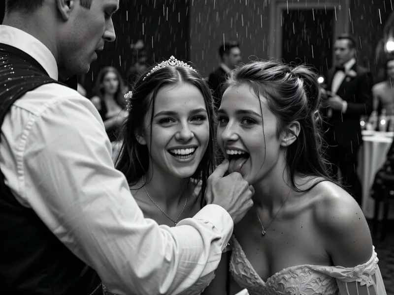 Two very drunk 22 years old women giggle and nervously fucking shyly to the handsome waiter away from the wedding reception, perfect teeth, wedding party in the blurred background. various perspectives, FRESHIDEAS, Real, Photography, 2#, Black, and, white, art, black, shading, charcoal, toned, brutal, dark, b/w, color, scheme, texture, photorealistic, hvrn, heavy, rain