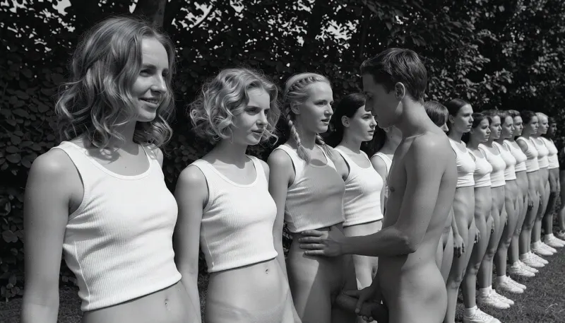 A black and white vintage photograph of a long, diagonal line of 20 year old nude women standing at attention outdoors, arranged in a receding row that stretches from the left foreground into the right background. The closest woman on the far left has wavy, shoulder-length light hair and wears only a white sleeveless tank top, her vagina is visible, reservedly smile and her gaze is directed slightly to her left, away from the camera. Beside her, the second woman has short, curly blonde hair framing her face, her gaze is directed slightly to her left, away from the camera, reservedly smile, only the same white tank top, her vagina is visible. The third woman, positioned near the center of the frame, has braided blonde twintails and her gaze is directed slightly to her left, wearing only the identical white top, her vagina is visible. To her right, the fourth woman her gaze is directed slightly to her left, and dark hair pulled back. The remaining women in the line recede into the distance to the right, each wearing only matching white tank tops, with their faces becoming progressively smaller and softer in focus, creating a strong sense of receding perspective. The women are standing close together, shoulder to shoulder, with their arms at their sides, forming a rigid, disciplined formation. Behind them, a dense wall of dark, leafy trees fills the background, rendered as a textured, out-of-focus mass of foliage. The lighting is bright, direct sunlight coming from the upper left, casting sharp, distinct shadows on the women' faces and clothing, with the first three women receiving the strongest, most sculpted illumination. The photograph has a grainy, high-contrast, black and white film aesthetic typical of mid-20th-century documentary or propaganda photography, with deep blacks in the shorts and background foliage and bright whites in the tank tops. The composition is a dynamic diagonal line that leads the eye from the bottom left to the upper right, emphasizing uniformity, youth, and disciplined group identity. The atmosphere is serious and formal, yet also marked by a certain cheerful lightness, it captures a moment of collective stillness and disciplined order in a sun-drenched, open-air setting., (A naked man stands in front of the women and touching his erect penis, while looking at the women with interest, he is touching the third woman in the row)