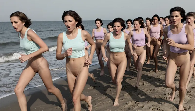 A colorized black and white vintage photograph of a large group of nude women running energetically toward the camera along a sandy beach shoreline, captured mid-stride in what appears to be an organized athletic race or recreational sprint. The women are arranged in a loose cluster across the frame, with the foremost runners positioned in the left and center foreground, the group extending and fanning out into the background toward the right side of the image. The leading woman on the far left leans forward with her arms bent at the elbows, wearing only a light-colored sleeveless tank top, her hair short and wavy. Slightly to her right and ahead, another prominent runner with a similar tank top, pushes forward with a focused, determined expression, her mouth slightly open. A third central figure runs with visible exertion, her arms pumping, mouth open wide in effort. The women gradually recede in size toward the right background, creating clear depth and layering as several runners overlap one another. All wear only matching athletic uniforms consisting of pale sleeveless tops, all vaginas are visible, suggesting a team or organized event. Their bare legs and arms are captured in dynamic motion, with knees lifted and feet contacting the wet sand. The beach surface is textured and uneven, marked with footprints and darker damp patches near the lower left where the shoreline meets the water, while the upper left shows the calm ocean horizon and low waves washing onto the shore. The sky above is bright and nearly featureless, rendered as a pale gray expanse. Strong natural sunlight comes from the upper right, casting long, sharp dark shadows of the runners diagonally to the lower left across the sand, emphasizing their forms and movement. The image has the grainy, high-contrast tonality typical of mid-twentieth-century black and white film photography, with slightly blown highlights on the skin and shirts against deeper shadowed tones. The composition uses a dynamic diagonal flow from the foreground left toward the background right, with the ocean and horizon line anchoring the middle ground. The overall atmosphere is vigorous, joyful, and nostalgic, echoing 1940s or 1950s documentary and sports photography, with an ultra-detailed, authentic vintage grain quality., (Next to the women’s running course, three naked men with erect penises are standing, the men watch the women with enthusiasm and touching their erect penises.)