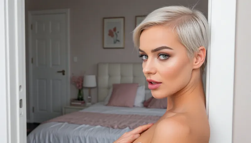 intimate portrait of a sultry woman posing sensually as she greets the viewer in the doorway to her cozy bedroom with minimalist feminine decor, huge expressive eyes looking away in a coy side-eye glance, sleek silver-blonde pixiecut hair in a tight undercut, sultry lip-bite expression, triangular face with high chiselled cheekbones, she is anchored to the side of the image with her bed featured prominently in the background using a rule-of-thirds composition