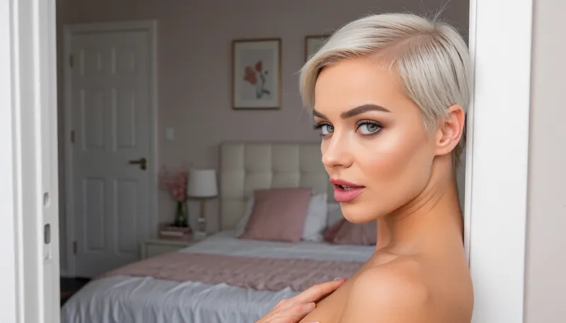 intimate portrait of a sultry woman posing sensually as she greets the viewer in the doorway to her cozy bedroom with minimalist feminine decor, huge expressive eyes looking away in a coy side-eye glance, sleek silver-blonde pixiecut hair in a tight undercut, sultry lip-bite expression, triangular face with high chiselled cheekbones, she is anchored to the side of the image with her bed featured prominently in the background using a rule-of-thirds composition