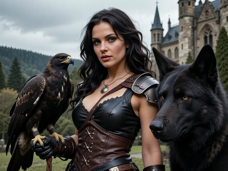South pacific European mix woman, late 20s, long dark wavy hair, gold brown eyes, leather armor, large falcon on gloved hand, extra large dark wolf next to her, Gothic castle in background with forested hills, sharp focus, depth of field, 8k photo, HDR, professional lighting, taken with Canon EOS R5, DSLR, 75mm lens