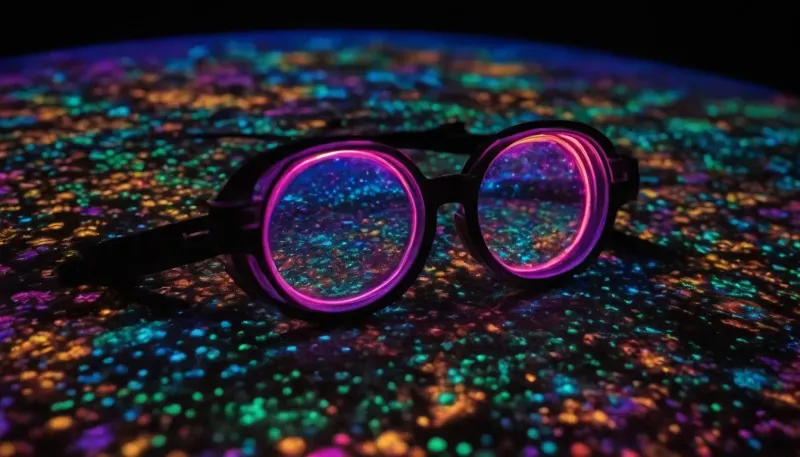 Create an extraordinary fine-art photograph captured entirely under ultraviolet blacklight, with authentic fluorescence physics and extremely realistic photographic behavior.

The scene exists in near-total darkness, illuminated almost exclusively by deep ultraviolet UV-A blacklight sources. Surfaces, pigments, minerals, fabrics, liquids, organic materials, painted textures, glass, dust, and microscopic particles absorb invisible ultraviolet radiation and emit visible fluorescent light in spectacular spectral colors.

Make the fluorescence the true subject of the photograph.

Use physically believable fluorescence, intense electric violet, ultraviolet blue, cyan, turquoise, emerald green, radioactive-looking yellow-green, hot magenta, coral, orange, and spectral red emissions appearing only where materials genuinely fluoresce. Some materials should glow intensely while others remain almost completely black, creating dramatic contrast and revealing hidden patterns invisible under normal lighting.

Include subtle UV-induced atmospheric phenomena, floating fluorescent dust particles, tiny glowing fibers, translucent materials with internal light scattering, faint fluorescent reflections on nearby surfaces, luminous edges around translucent objects, microscopic glowing textures, and delicate color spill caused by fluorescent emissions.

The blacklight itself must remain mostly invisible, producing an eerie ultraviolet environment rather than ordinary colored stage lighting. Avoid generic neon lighting. Avoid artificial RGB illumination. The visible colors must appear as emitted fluorescence, not painted-on neon.

Capture the image as if photographed with an elite full-frame professional camera using a high-end macro/portrait lens, exceptional optical quality, realistic depth of field, precise focus falloff, physically accurate lens behavior, subtle chromatic aberration, natural diffraction, realistic bokeh, microscopic surface detail, nuanced exposure roll-off, rich shadow information, and extraordinary dynamic range.

Preserve deep, almost absolute blacks while retaining intricate information inside the darkest regions. Fluorescent highlights should bloom organically without destroying their texture. Introduce subtle halation around the brightest fluorescent areas, delicate lens glow, realistic sensor response, slight photon noise, extremely fine film grain, and authentic long-exposure photographic character.

The composition should feel mysterious, scientific, alien, surreal, and beautiful at the same time, as though a hidden fluorescent ecosystem has suddenly been revealed inside an ordinary world, atmos