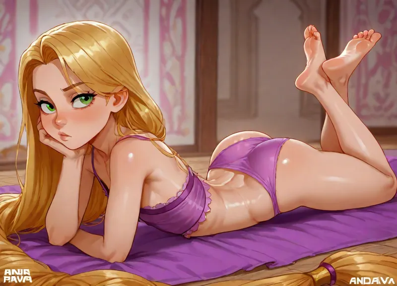 (Andava:1.5), (Rapunzel from Tangled, (young), cute, (petite:1.5), underwear), solo, laying on stomach, back arched, feet crossed