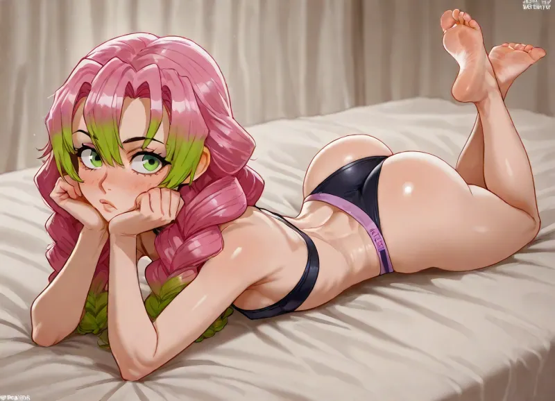 (Andava:1.5), (mitsuri kanroji, (young), (petite:1.5), underwear), solo, laying on stomach, back arched, feet crossed