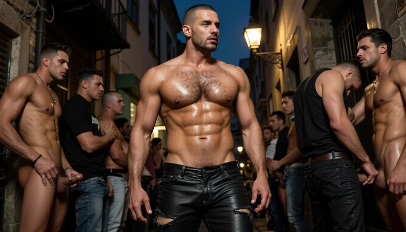 HYPERREALISTIC PHOTOGRAPHIC-STYLE CINEMATIC_WIDE-SCREEN_MOVIE_LOOK DYNAMIC full scene VISUALS FULL COLOUR SPECTRUM 35MM low camera angle enhancing there pysique GRITTY HOMOEROTIC HYPER-DETAILED MALE SKIN TEXTURE DETAILED BODY HAIR SWEAT DROPLETS MASTERPIECE ULTRA DETAILED MALE ANATOMY RELISTICKC_MALE_ASS RELISTIC_MALE_FACE_EXPRESSIONS RELISTIC_MALE_PENIS everyone has individual relistic facial expressions, A Latin American Croped shaved head relistic pail green eyes chizzald stumbled jawline plump lips rugged but Beautifully handsome massive beefy humongous hairy bulbous hairy pectorals hairy happytrail great ass and well endowed just wearing ultra tight very worn in scuffed soft Black leather biker pants top button undone pubic hair showing and boots, hes walking dawn dimly lit narrow side street notorious for men cruising a few men all in different positions hes walking down checking head turned checking the a two of three hanging about in the shadows it's the golden lampposts lighting catching his glistening skin there are lots of other guys doing the street some men already getting it on with each other in corners haveing man on man sex cock sucking, others standing waiting watching him as he walks by hes the most stunning one there so everyone wants him he walks over towards some of the men felling there body