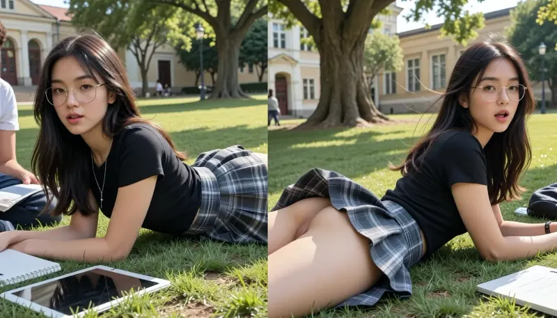 masterpiece, best quality, photorealistic candid smartphone photograph, Split, side-by-side diptych, two consecutive moments of the same east asian girl lying prone on her stomach on a sunny university campus lawn, upper body slightly raised and supported by her forearms, legs extended behind her and slightly bent, natural relaxed posture, long dark brown hair with subtle highlights, wispy bangs, thin-framed glasses, fitted black short-sleeve top, short gray plaid pleated skirt, silver necklace, tablet and notebook on the grass in front of her, another student sitting nearby, green lawn, mature trees, university buildings in the background, warm afternoon sunlight, realistic skin texture, natural body proportions, authentic fabric physics, candid photography, low ground-level side view

LEFT PANEL, side view the girl remains lying prone on her stomach, supporting her upper body with her forearms, one hand holding the hem of her plaid skirt down against a gentle breeze, skirt naturally covering her hips and upper thighs, casual expression, realistic fabric folds.

RIGHT PANEL, side view the same girl in exactly the same lying prone on her stomach position, a sudden gust of wind lifts and flares her pleated plaid skirt upward, exposed ass, dynamic natural fabric movement, surprised candid reaction, opaque underwear remains visible, realistic wind direction and fabric motion, same camera position and framing as the left panel.