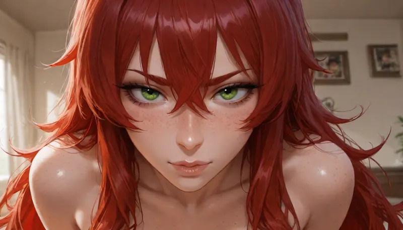 ((photo realistic, masterpiece, high resolution, maximum detail, score_9)), Original character, named Daisy, Latina, 18, petite, ((narrow face, beautiful face, detailed face, freckles on face)), natural light makeup, ((green eyes, almond shaped eyes)), ((excessively long red hair, hyper long red hair)), natural large breasts, freckles on breasts