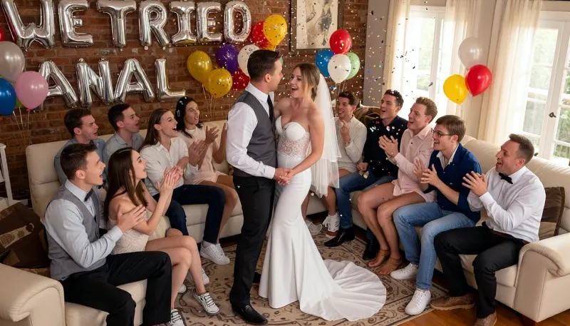 Below view, wide view from distance, panoramic view, make sure there is enough open space above the couple to fit fully visible text on wall, at top left of image are fully visible correctly spelled inflatable balloon letters on wall "WE TRIED ANAL", all people are fully clothed, a living room with at each side a large people gathering, They are all cheering with happy faces towards in wedding clothes male and female couple in the center of the frame holding hands and smiling at each other, all people wear clothes, party themed setting with balloons, party streamer, massive amount of colored confetti blows inside the room from the left and right side, warm sunlight through window