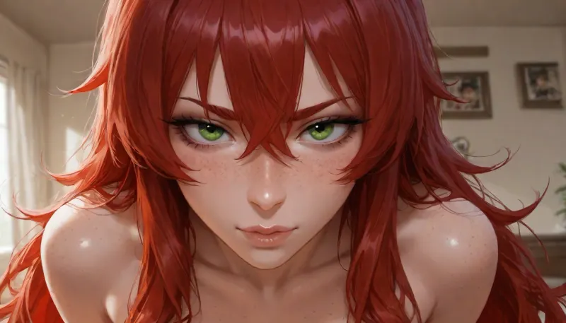 ((photo realistic, masterpiece, high resolution, maximum detail, score_9)), Original character, named Daisy, Latina, 18, petite, ((narrow face, beautiful face, detailed face, freckles on face)), natural light makeup, ((green eyes, almond shaped eyes)), ((excessively long red hair, hyper long red hair)), natural large breasts, freckles on breasts