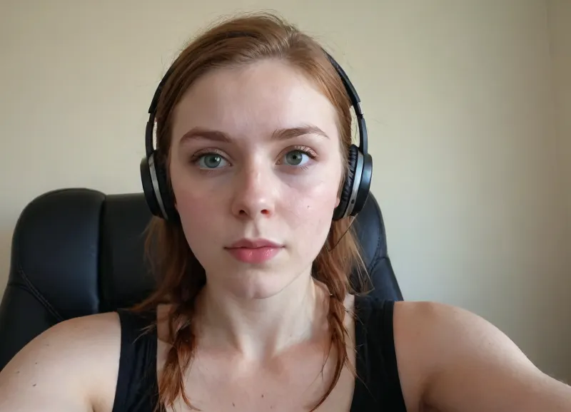 (18 Year old gamer girl:2), (headphones, twitch streamer, sitting in a gamer chair:1.5), (Irish, pale skin, freckles, freckles on face), (web cam snapshot, portrait, face portrait with emphasis on her eyes, close up of face, fisheye lens:1.5), (ring lighting, ringing lighting reflected in eyes), (Scandinavian and Irish features), (photorealistic, photo realistic, photorealism, photo realism:1.8), (4k, 8k, 8k resolution, best quality, ultra quality, highest quality, maximum quality, uncompressed, raw source photograph:1.2), (same color eyes, symmetric eyes, matching eyes, detailed eyes, detailed iris, detailed pupils, limbal ring around iris, perfectly round iris, perfectly round pupils:1.4), (detailed skin, high detailed skin, intricately detailed skin, perfectly detailed skin, high quality skin, highest quality skin, exquisitely textured skin), (intricate clothing, detailed clothing), (microblade eyebrows, perfectly manicured eyebrows), (flushed cheeks, flushed neck, blushing cheeks, blushing neck), (overfilled lips, juicy lips, filled lips, puffy lips, glossy lips, her thick wet lips are slightly parted, nervously biting lower lip, lip bite, lip biting), (casual makeup, subtle makeup, natural makeup), (narrow jaw, delicate jawline, pointed jaw and chin, heart shaped face, pixie face, fairy face, fae features, extremely feminine face, round face, chin, mouth, high cheekbones, sharp cheekbones, faint vellus hairs, cute tall tall tall dimpled cheeks), (upturned button nose, upturned nose, delicate nose, nose), (long hair, wavey hair, loose hair framing her face, messy hair, tousled hair, bed hair, sex hair, dark ginger hair with dark roots), (eyes slightly crossed, big eyes, wide eyes, doe eyes, slightly wide set eyes), (striking eyes, captivating eyes, mesmerizing eyes, fae eyes), (pale green eyes with golden flecks), (huge breasts, large breasts, large natural breasts), (athletic body, sporty body, lean body, muscular body, muscle shoulders, defined shoulders, rock climber body), (close up portrait of face, tight closeup of face, closely zoomed in on face, tight in on face, extreme closeup), (looking straight into the camera, looking straight ahead, head slightly raised, gazing lovingly straight into the camera, looking down on her from above), (she's in love, adoring gaze), (no nudes, nonnude), (relaxed posture, casual pose, casual outfit, casual attire, casual underwear), (loving expressing, adoring expression, joyous, joyful, pleased), (girlfriend, girlfriend material, girlfriend experience)