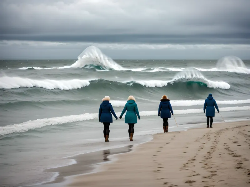 A group of people is walking along the seashore carrying a lot of fresh green oak branches with leaves and laughing, while fur coats made of natural fur are worn by the foxes lying on their backsides. The wind is blowing strong, and