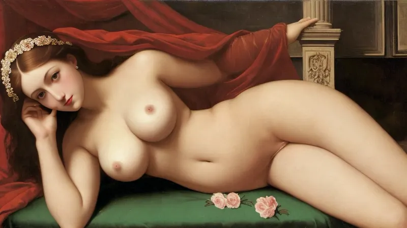 The Venus picture, painted by Italian artist Titian, is a Renaissance painting that depicts a young woman reclining on a couch or bed with her legs slightly parted. The woman's skin is painted in subtle gradations of flesh, modeled through subtle gl