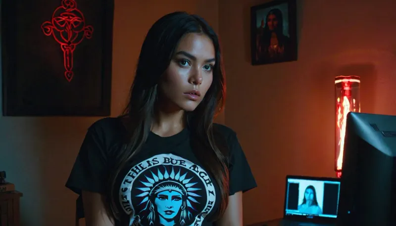 30 वर्षीय बड़े स्तनों, स्क्वा मेकअप के साथ अपाचे महिला, और एक सुंदर चेहरा एआई अश्लील वीडियो जनरेटर की छवि विवरण में दिखाया गया है। वह "A" शब्दों के साथ सफेद जाँघिया और एक काले टी शर्ट पहने हुए हैं