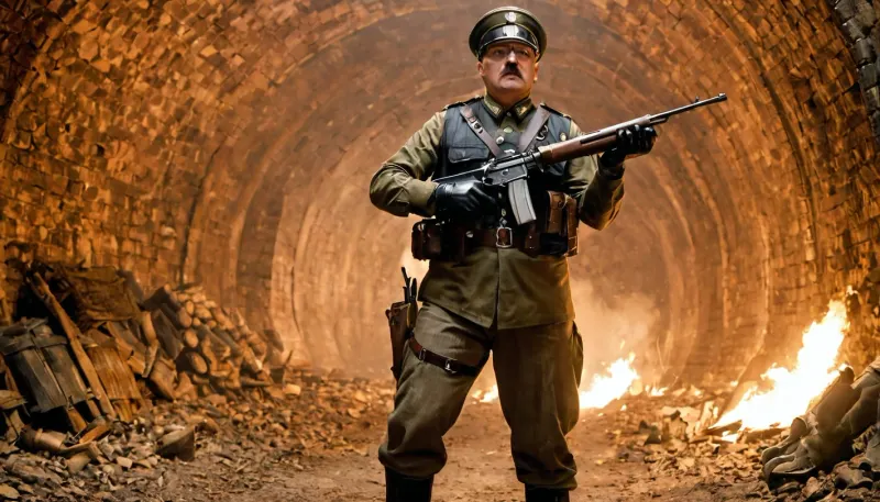 woman, Parallel universe, female Indiana Jone versus kawaii male Adolf Hitler, nazi, swastikas, Whip, knout, whiplash, dangers, underground, fire sticks, jewellery, big diamond, dark tunnel, flying bats, many bats, scary, (giant, monster), sexysoldier, camouflage, pants, tank, top/t-shirt/shirt/topless, male, open, clothes, dog, tags, gloves, hat/cap/helmet/beret, vest, boots, bandolier, ammunition, belt, holding, gun, assault, rifle, machine, holster, was-dieselpunk, warhammer, 40k, imperial, guardsman