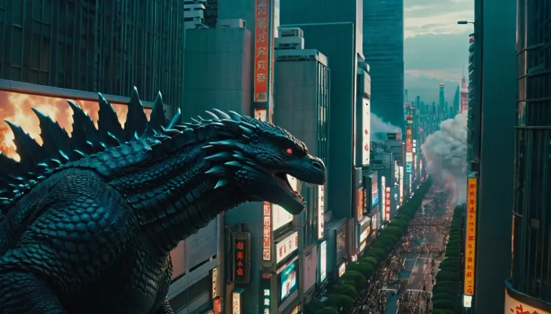 Godzilla destroying the streets of Neo-Tokyo, bird's eye view, woman out of frame