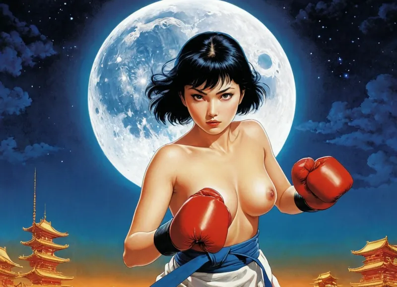 높은 상세한 8k karate 싸움 여성과 토플리스 포스터 스타일, 상자 사무실 히트, Hideaki Anno 및 Katsuhiro Otomo 및 Rumiko Takahashi 영화 포스터 스타일, 상자 사무실 히트