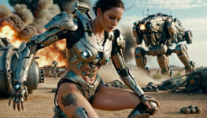 Die Frau war mit Schweiß und Schmutz bedeckt, ihr zerrissenes Attire enthüllt ihre Schlacht Narben. Trotz der Erschöpfung konzentrierte sie sich auf die Mecha-Roboter, die vor ihr heftig gekämpft wurden. Ihr Ausdruck vermittelte Erschöpfung und Emotion, als sie gegen einen Feind kämpfte