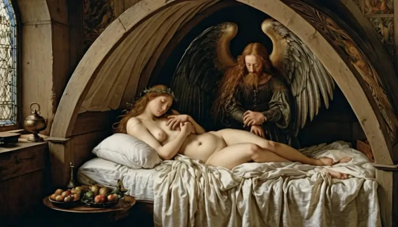 बड़े पंखों के साथ परी एक युवा महिला के बिस्तर पर मुड़ी हुई है, उसके पंख व्यापक रूप से फैल गए क्योंकि वह अपने नींद के रूप में नीचे गिर गई थी। उसके लंबे सुनहरे बालों वाली बाल ढीली लहरों में उसकी पीठ पर गिर गए, और वह एक साधारण सफेद गाउन पहने जो उसे पता चला