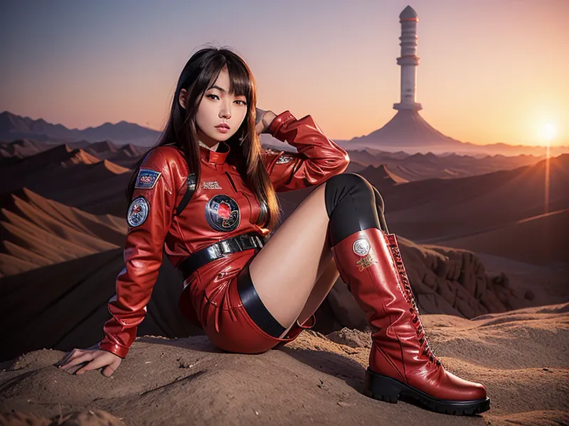 A Japanese girl in her 20s wearing a red tight spacesuit with black belt and long eyelashes stands in front of a red planet landscape with the background showing the blue sky and red planet landscape. She has long eyelashes, calm face, detailed