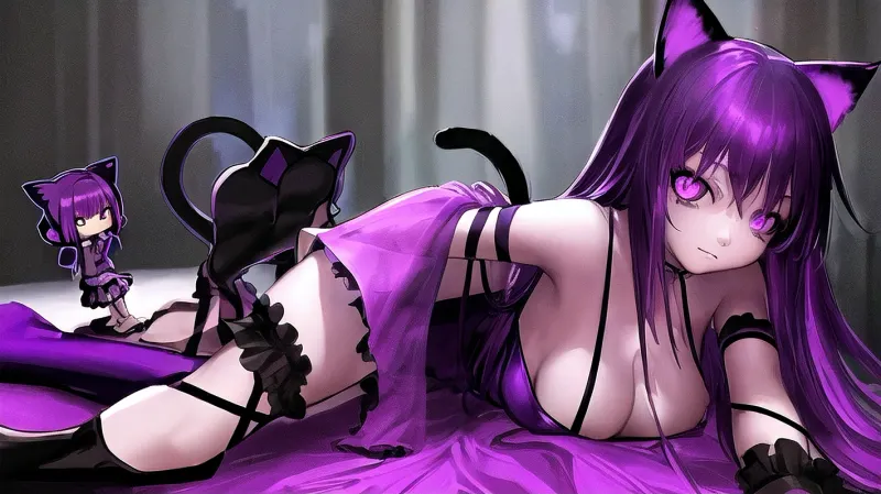 女人爬上床,她的紫色头发在爬上所有四个时跳动. 她穿了一件霓虹丝裙,紧紧抱住她的曲线,露出瘦小裸露的乳房. 她闪闪发光的双眼 闪闪发光 闪闪发光