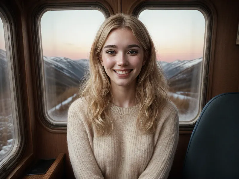 A mulher na fotografia está usando uma suéter de foco suave luxuoso com uma câmera de grande formato. Ela tem cabelos longos ondulados, olhos de avelã, e definido mandíbula. Sua pele é pálida e seu rosto é enquadrado por seu cabelo dourado. Ela