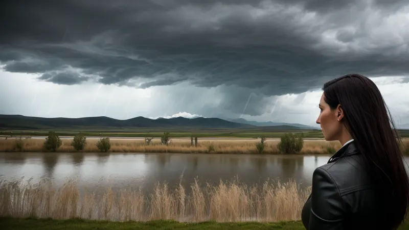 A close-up, over-the-shoulder shot of a woman, ((standing in front of a large window)), . The window overlooks an endless grassy landscape, (((with a single willow tree))), . The sky is dark and stormy, with a powerful hurricane, ((((swirling in the distance)))), . The heavy rain and wind, ((are bending the willow tree)), . The woman, slightly unfocused in the foreground, adds a sense of depth and drama. The scene is captured with a 50mm lens at f/1.8 aperture, creating a shallow depth of field that blurs the woman slightly while keeping the stormy landscape in sharp focus. The camera settings are ISO 400 and a shutter speed of 1/250s to capture the motion and intensity of the rain and wind. Her posture reflects concern as she watches the chaos outside. The scene is highly realistic, capturing the intensity and drama of the storm, (((with intricate details of the rain, wind, and dark clouds))), . 8k resolution, ultra-detailed, photorealistic, cinematic lighting, masterpiece, hyper-realistic, dramatic atmosphere, high dynamic range, ultra-high definition, film, photography, style, light, grain, medium, heavy, <lora:SDXL_FILM_PHOTOGRAPHY_STYLE_BetaV0.4:.5>, Todd, Hido, Style, <lora:Todd Hido Style:.5>