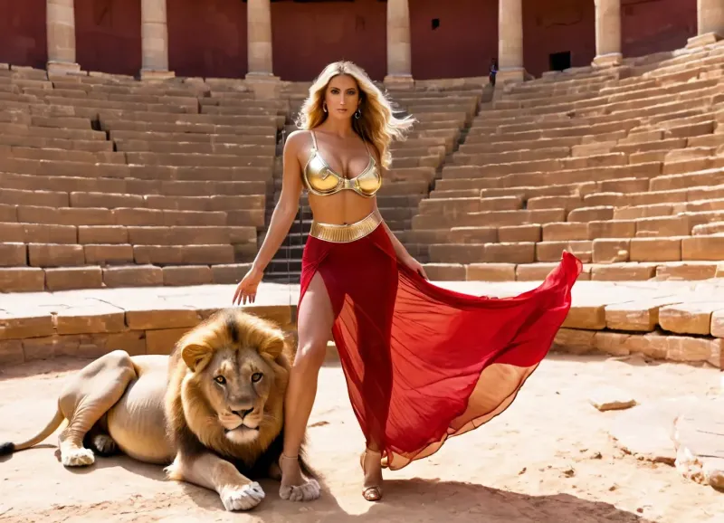 Emma Starr, a 60-year-old granny, stood on the sand wearing a crimson transparent skirt and a lion she spread her legs to expose herself. She was ready to attack the lion for him
