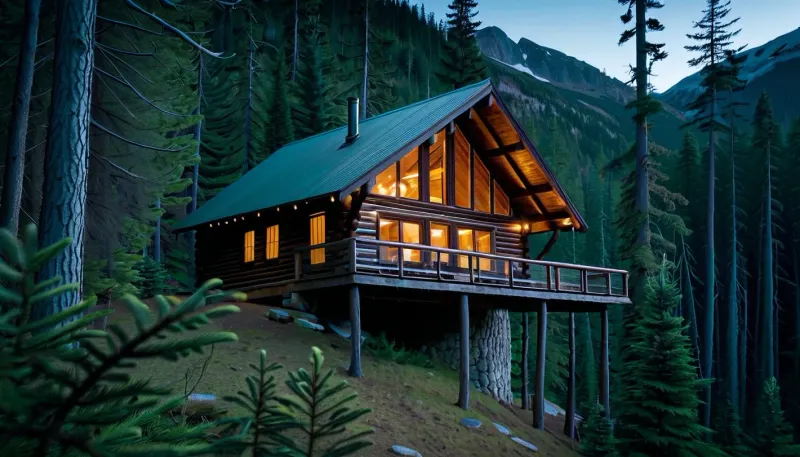 A stilt house nestled in a dense pine forest in the mountainous regions of Canada, viewed from inside the old wooden lodge at the dawn of day. The lodge, built of rustic wood, stands elevated on sturdy wooden stilts, blending harmoniously with the towering pine trees that surround it. The forest floor is covered with a thick layer of pine needles, and the air is crisp and fresh. Snow-capped mountains rise majestically in the background, adding to the serene and picturesque setting. The scene is bathed in a soft blue filter, giving it a cool, tranquil, and slightly mystical atmosphere. The sky is clear with a hint of twilight, casting long shadows and enhancing the blue tones throughout the landscape. The image features a vignette effect, adding a touch of spookiness to the scene.

Cinematic, film style with light grain and medium to heavy texture.