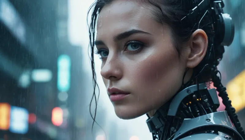 (Double exposure effect:1.4), of, (robot girl:1.2), (close-up, eye contact), (silhouette:1.1), superimposed over rainy cyberpunk street, , (vaporwave colors), negative space