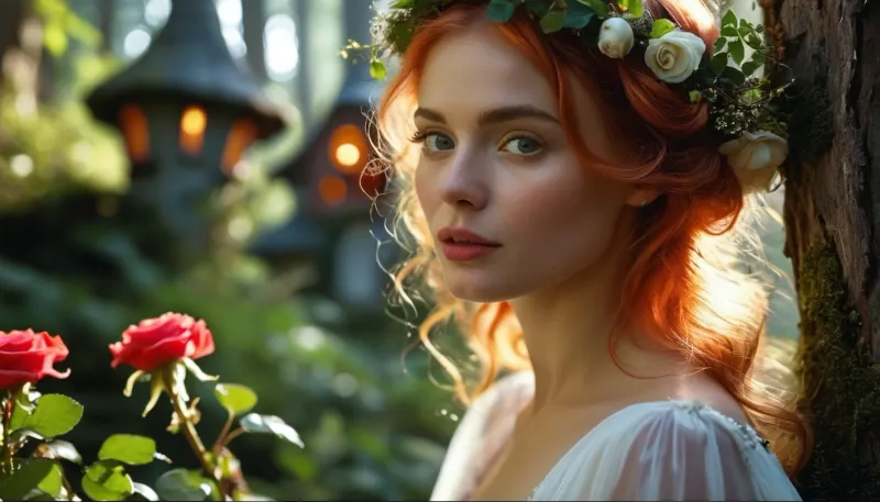 Em uma floresta mística, uma mulher materna com cabelos vermelhos rosa olha amorosamente para o seu filho enquanto eles afundam no brilho de fada de uma floresta de fadas. Seus olhos estão escuros e cheios de emoção enquanto ela segura seu filho perto de seu coração