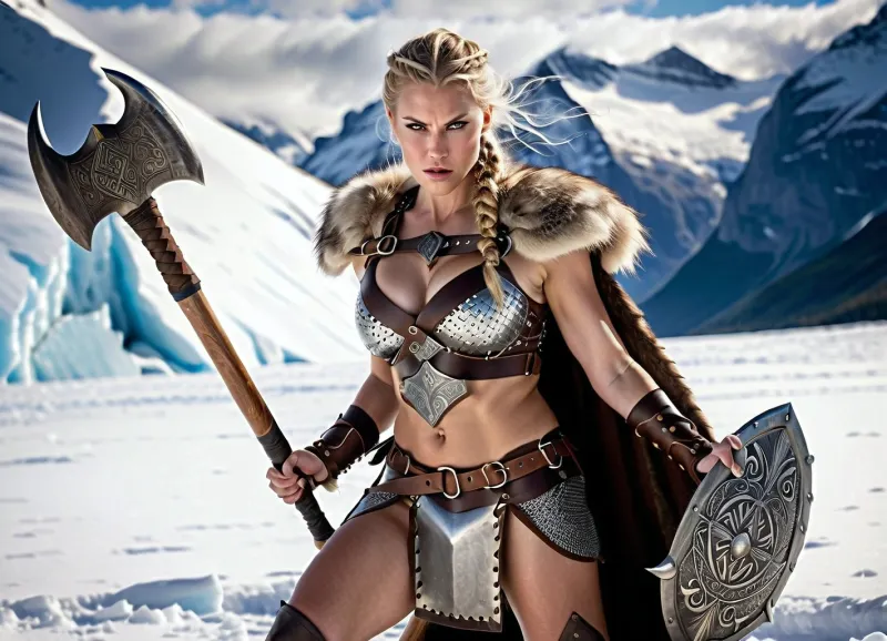 La mujer vikinga luchó con todo su poder contra el gigante, pelando su hacha de dos manos con precisión mortal