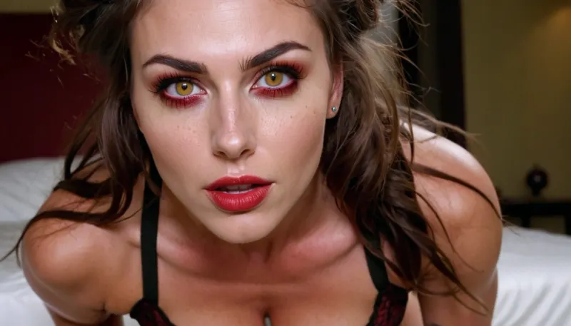 La mannequin de 25 ans était à genoux, regardant le spectateur avec un sourire sur le visage. Elle avait de longs cheveux sales et de gros seins qui étaient couverts de sperme. Ses yeux étaient jaunes et elle avait des dents parfaites