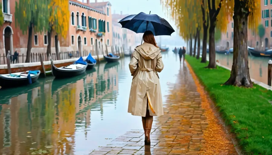 लड़की एक नहर के बैंक पर खड़ा है, एक लंबे, तंग बेज रेनकोट, टाइट्स, टखने के जूते और कॉलर अप में। उन्होंने अपने हाथ में एक छतरी रखी और पानी पर देखा। बारिश ने इसे बनाया