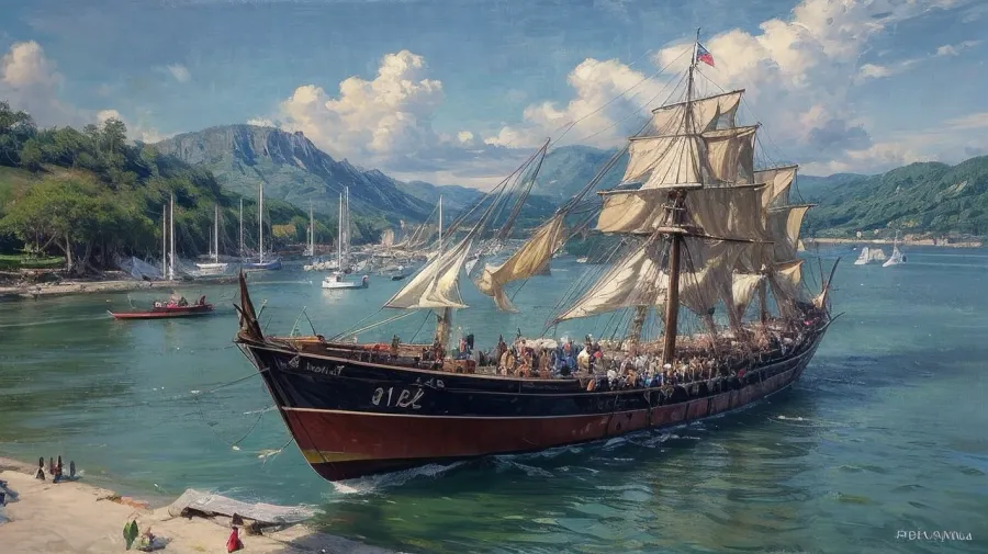 Generate an image depicting the arrival of the East India Company in India, marking the beginning of British colonial rule. Show the clash of cultures as British ships dock on Indian shores, surrounded by local traders and villagers. Capture the expressions of curiosity, apprehension, and determination on the faces of both the British traders and the indigenous people. Include details such as traditional Indian attire, colonial-era clothing, and the bustling port atmosphere to convey the historical context. Through this image, explore the complex dynamics of colonialism and its lasting impact on Indian history, bichu, oil, painting, Impressionism, <lora:add_detail:2>, <lora:bichu-v0612:.5>