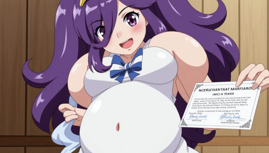 Die Frau aus Pokemon, schwanger und trägt das Kind ihres Mannes, mit einem großen Bauch und schweren Brüsten. Sie fühlte sich selbstbewusst über ihr Aussehen und kämpfte, sich vor anderen zu verstecken