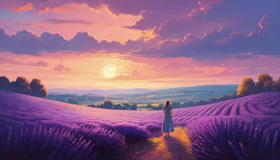 Bir lone figürü, tam çiçekli, altın saat ışığında yıkanmış derin bir mor lavender alanının ortasında duruyor. Yumuşak odak etkisi nostalji ve melankoly'nin resmine bir dokunuş ekler