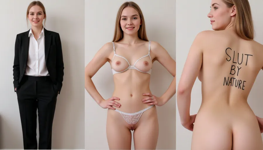 Die junge schwedische Frau, die in einer formalen Hosentasche gekleidet war, wurde mit Dessous fotografiert, die ihre Kurven zeigte und ihre Sexualität betonte. Auf der linken Seite des Bildes trug sie ein Seidenwäsche-Set, das ihre Kurven betonte und betonte sie
