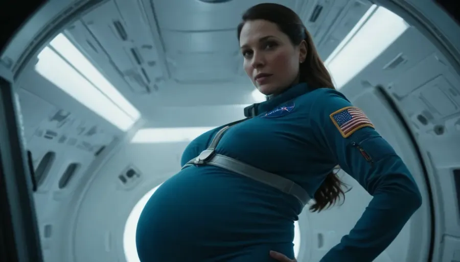 Pregnant woman in space, wearing tight astronaut outfit, (Full term pregnancy:1.5)